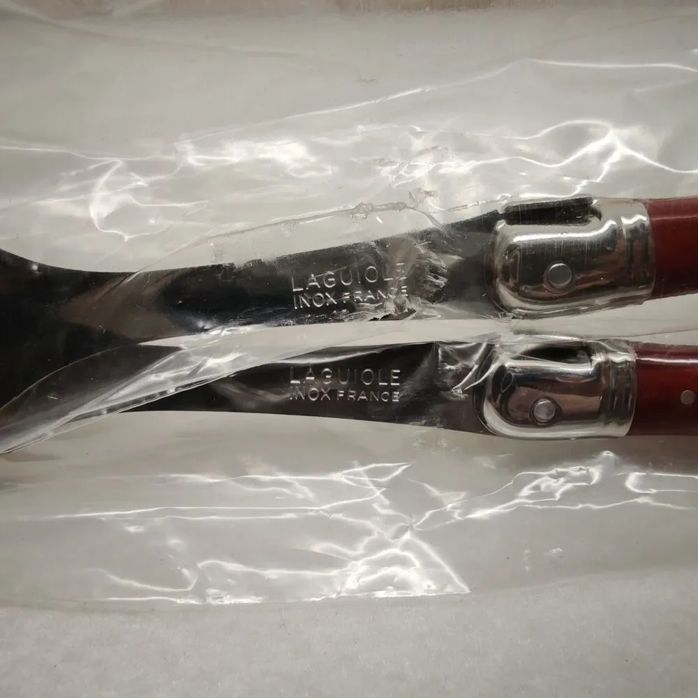 Jean Dubost Laguiole France Salad Servers Red Handle Inox Wood Box COA Serveware